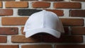 White blank empty baseball cap Mock up template isolated on brick wall background