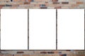 White blank empty three paper frames on white brick background