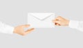 White blank envelope giving hand. Message send presentation. Royalty Free Stock Photo