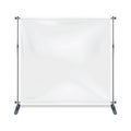 White blank folding square advertising banner on metal frame realistic vector mockup. Empty backdrop display stand mock-up