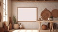 White blank frame mockup in living room interior background, Coastal boho style. Generative AI Royalty Free Stock Photo