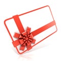 White blank gift card, with red ribbon. Side angled view Royalty Free Stock Photo