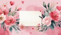 White blank greeting card on the pink background with flowers, love letter, watercolor style