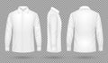 White blank male shirt with long sleeves in front, side, back views. Realistic vector template isolated