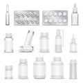 White blank medicine pharmaceutical packaging vector mockups. Bottles spray and drugs Royalty Free Stock Photo