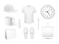 White blank merchandising items set realistic vector illustration. Promotional corporate branding