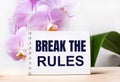 White blank notebook with the text BREAK THE RULES on the table against the background of a light pink orchid Royalty Free Stock Photo