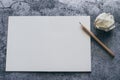 White blank page of notebook, diary or journal with pencil for writing text or message and ideas on concrete background with copy