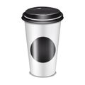 White blank paper takeaway coffee cup with empty black round label sticker and plastic lid vector mockup. Realistic mock-up