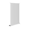 White blank roll-up retractable banner stand realistic vector mock-up. Vertical pop-up roller exhibition display standee mockup Royalty Free Stock Photo