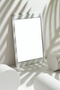 White blank screen digital tablet mockup, template with geometric objects Royalty Free Stock Photo