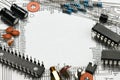 White blank space and closeup of electronic components, unit, part, circuit diagram, computer equipment and digital microchip -