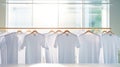 White blank t-shirts hanging on a clothesline. Laundry or dry clean concept. Generative AI