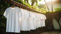 White blank t-shirts hanging on a clothesline. Laundry or dry clean concept. Generative AI
