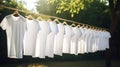 White blank t-shirts hanging on a clothesline. Laundry or dry clean concept. Generative AI