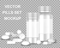 White blank transparent Bottle packaging with pills and capsules isolated. Medicine banner design. Medical container