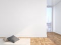 White blank wall empty interior with pillows, carpet, curtain and herringbone wood floor. Royalty Free Stock Photo