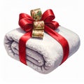 White Blanket Folded Nicely with Red Ribbon and Bow Presentation Royalty Free Stock Photo