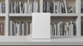 White Bleached Bookshelf and Empty White Book with Blank Cover