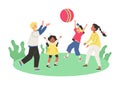 White blonde Father and Indian or Hispanic Mother play ball outside with their multicultural kids, vector illustration.