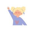 White blonde girl with curly pigtails raising her hand. Little adorable kid wearing glasses waving hello or bye, vector. Royalty Free Stock Photo