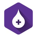 White Blood drop icon isolated with long shadow. Donate drop blood with cross sign. Donor concept. Purple hexagon button