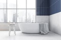 White and blue bathroom with bathtub near window, towel and table with gels