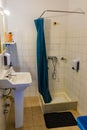 White blue bathroom in hotel room hostel Cala Figuera Mallorca Royalty Free Stock Photo