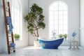 White blue bathroom interior design. Generate Ai Royalty Free Stock Photo