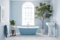 White blue bathroom interior with plant pot. Generate Ai Royalty Free Stock Photo