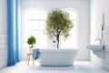 White blue bathroom interior with sunlight. Generate Ai Royalty Free Stock Photo