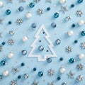 White and blue bauble, silver snowflake with xmas tree silhouette Royalty Free Stock Photo