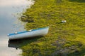 A white blue boat in the water.Boat in lake in nature.Nature Royalty Free Stock Photo