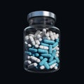 White and blue capsules pills, drugs in the glass jars with silver lid on a flat background. Pills in the bottle Royalty Free Stock Photo