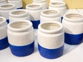 White blue ceramic vases a lot, warehouse. Interior decor store Royalty Free Stock Photo