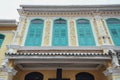 White and blue chinese colonial buildings decorated in Malacca City, Malacca, Malaysia Royalty Free Stock Photo