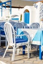 White and blue colors of traditional Greek tavern. Crete Royalty Free Stock Photo