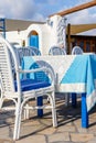 White and blue colors of traditional Greek tavern Royalty Free Stock Photo