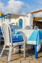 White and blue colors of traditional Greek tavern Royalty Free Stock Photo