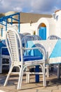 White and blue colors of traditional Greek tavern Royalty Free Stock Photo