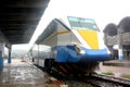 A white and blue diesel train car stands at the station