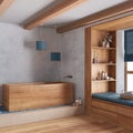 White and blue farmhouse bathroom with wooden bathtub. Window with bench and pillows, plaster concrete walls. Japandi interior