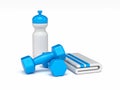 White blue fitness weights with towel and plastic water bottle 3D