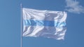 A white and blue flag flying in the wind against a clear sky, AI Royalty Free Stock Photo