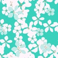 Abstract white and blue flowers with gold core on turquoise background. Royalty Free Stock Photo