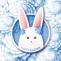 White Blue Greeting card with Happy Easter - with white Easter rabbit.