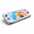 White and Blue Handheld Gaming Console with Cartoon Character on Screen handheld console Royalty Free Stock Photo