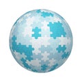 White And Blue Jigsaw Puzzle Pieces Pattern Texture On Ball Or Sphere Shape Isolated On White Background. Mock Up Design. 3d