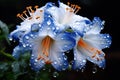 White-blue lilies in drops of water close-up. Generated by artificial intelligence Royalty Free Stock Photo