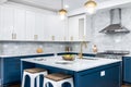 A white and blue luxurious kitchen.